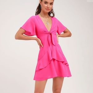 Lulus Fuschia Pink Tie-Front Ruffled Skater Dress